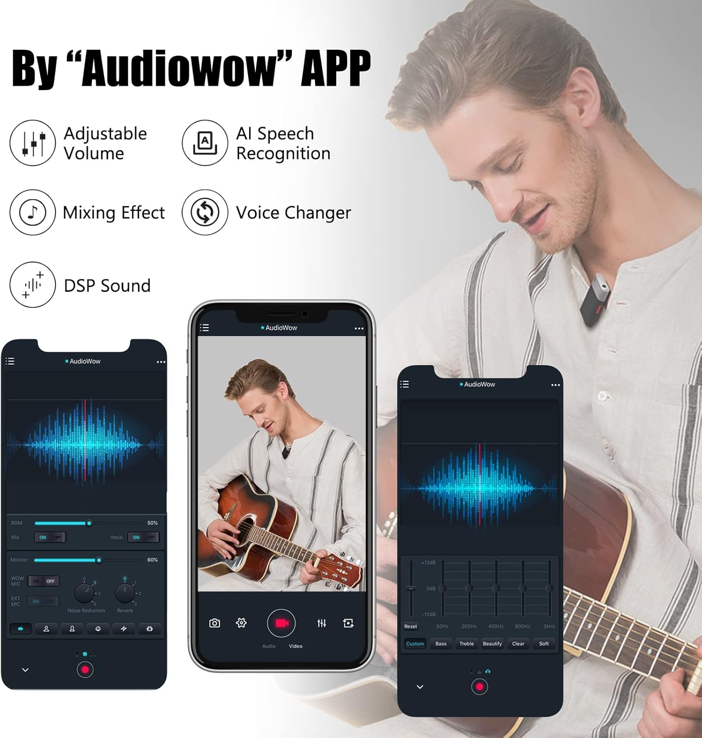 SabineTek AudioWow - Bluetooth Lapel Mic, Wireless Clip-on Microphone, Bluetooth Lavalier Mic for Smart Phone, Recording, Vlogging, Mixing