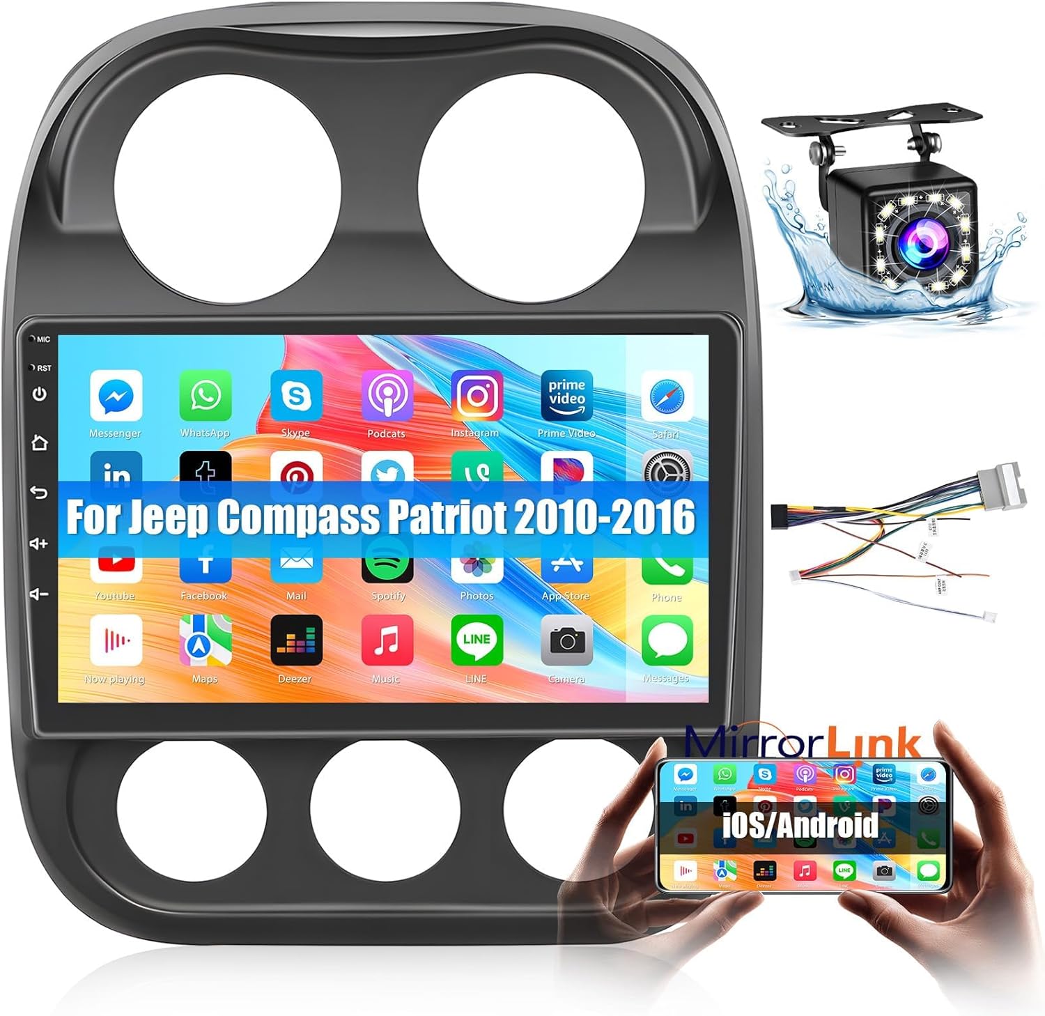 Car Radio for Jeep Compass Patriot 2010 2011 2012 2013 2014 2015 2016: 10.1 Inch Android Touch Screen for Compass Patriot Car Stereo with GPS Navigation/5GHz WiFi/Bluetooth + Backup Camera