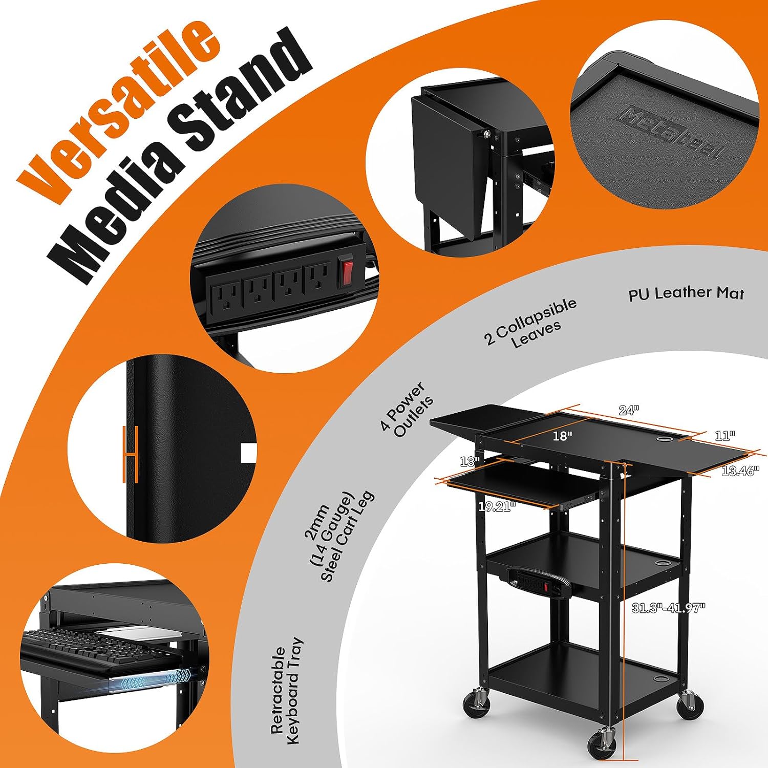 All-Steel Rolling AV Cart with Adjustable Height & Built-in Power – Heavy-Duty Media Workstation with Drop-Leaf Shelves & Wheels for Projectors, Laptops, Printers – Classroom, Office & Studio, Black