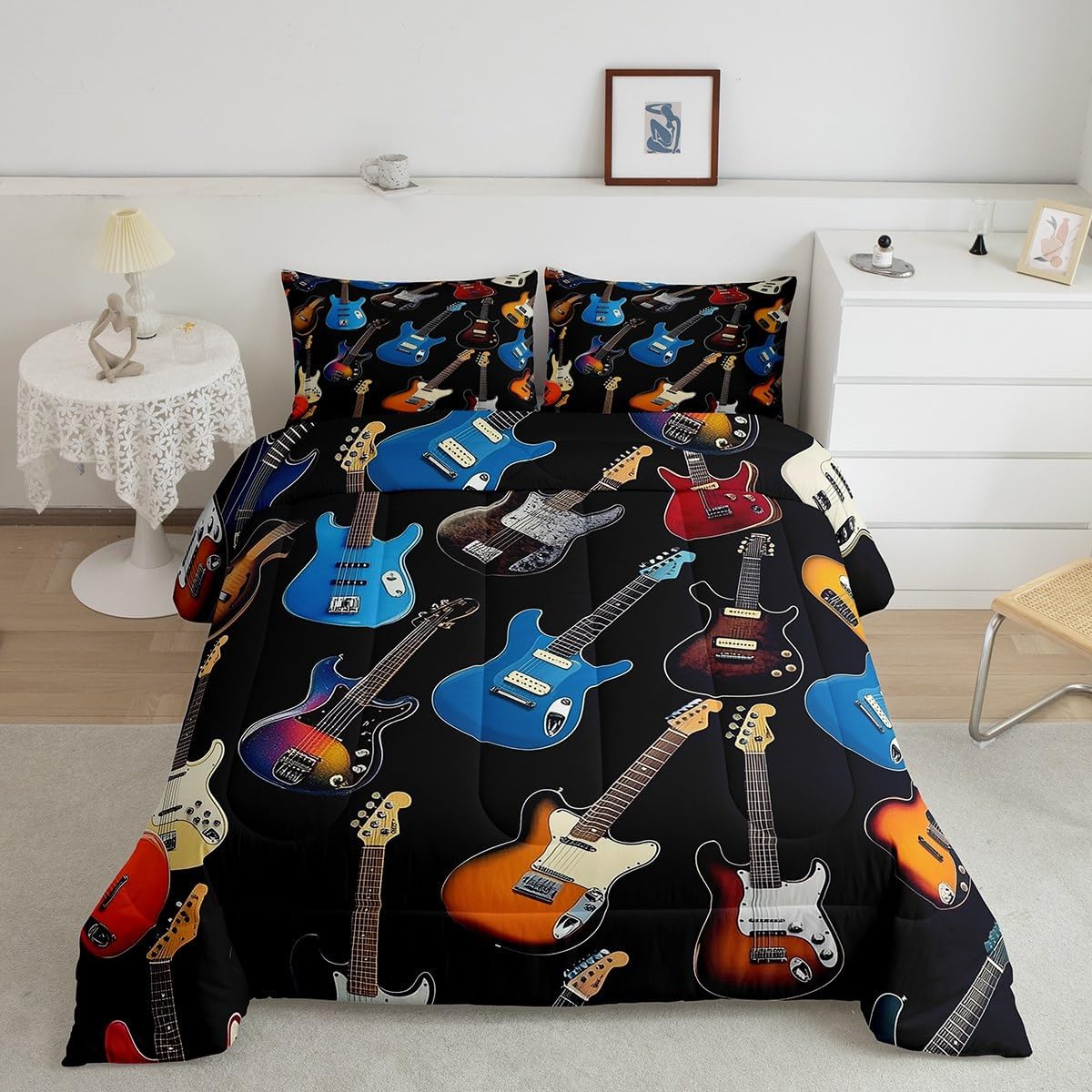 Manfei Electric Guitar Comforter Set King Size 3 Pcs,Colorful Bass Guitars Music Lovers Bedding Set,Rock Music Theme Quilt Set for Adults Bedroom,2 Pillowcases