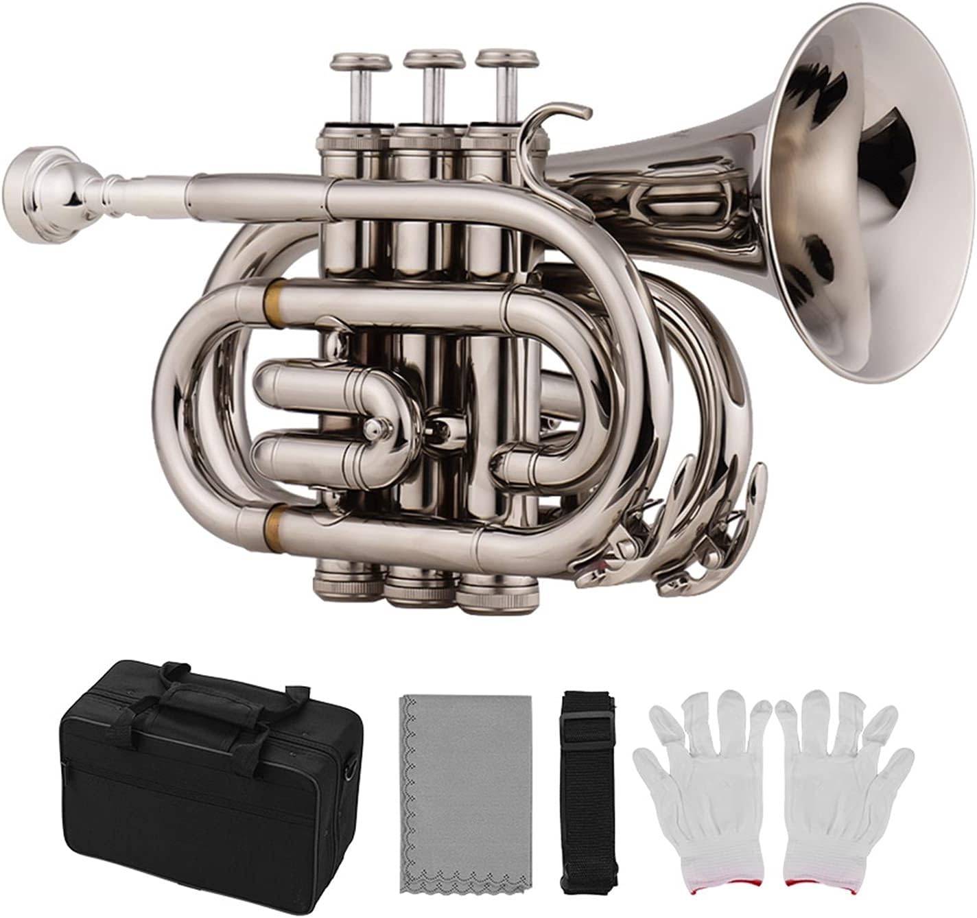 KESHUO Mini Pocket Trumpet Bb Flat Brass Material Wind Instrument with Mouthpiece Gloves Cleaning Cloth Carrying Case Trumpets (Color : B)
