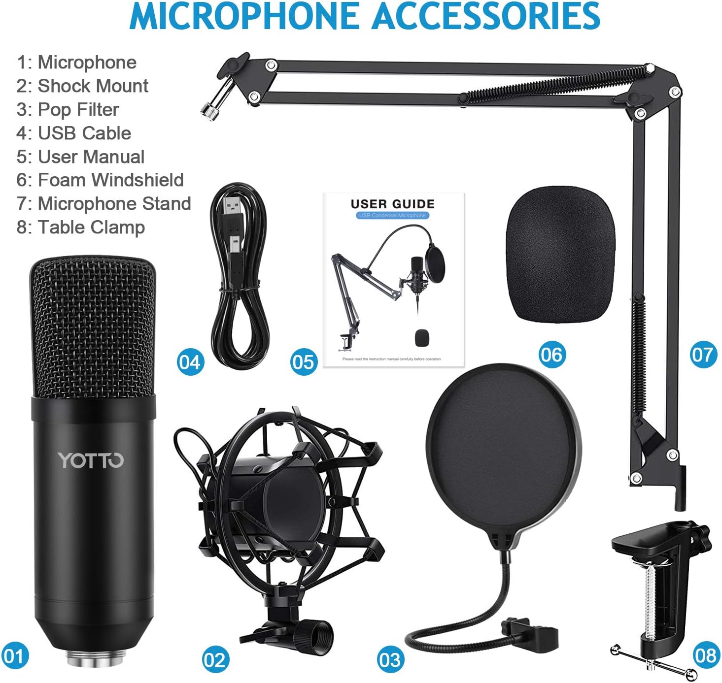 YOTTO USB Microphone Kit 192KHZ/24BIT Plug & Play Computer PC Microphone Studio Streaming Cardioid Mic with Boom Arm Shock Mount Pop Filter for Recording Broadcasting YouTube Gaming Voice