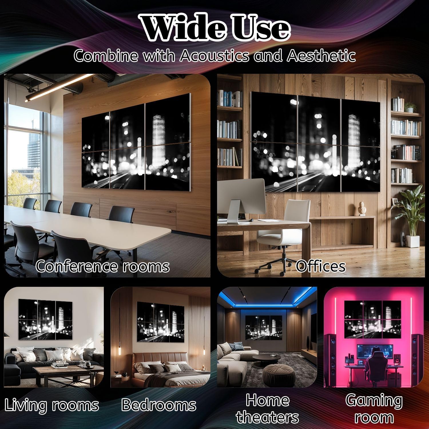 6 Pack Art Acoustic Panels black white abstract light city night Sound Absorbing Panel 48