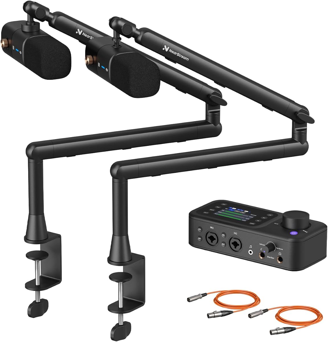 NearStream PodPro Duo Podcast Equipment Bundle for Dual Podcast/Livestream/Sound Creation, Audio Setup with 2 Podcast Microphone, 1 Audio Interface, 2 Mic Boom Arm, 2 XLR Microphone Cable