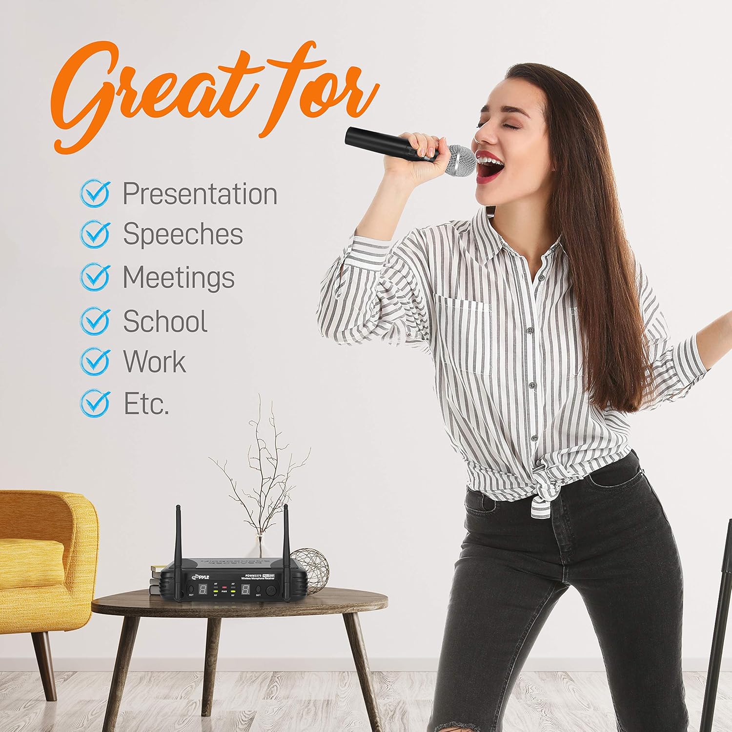 PYLE-PRO Professional Wireless Microphone System - Dual UHF Band, Wireless, Handheld, 2 MICS With 8 Selectable Frequency Channels, Independent Volume Controls, AF & RF Signal Indicators - PDWM3375