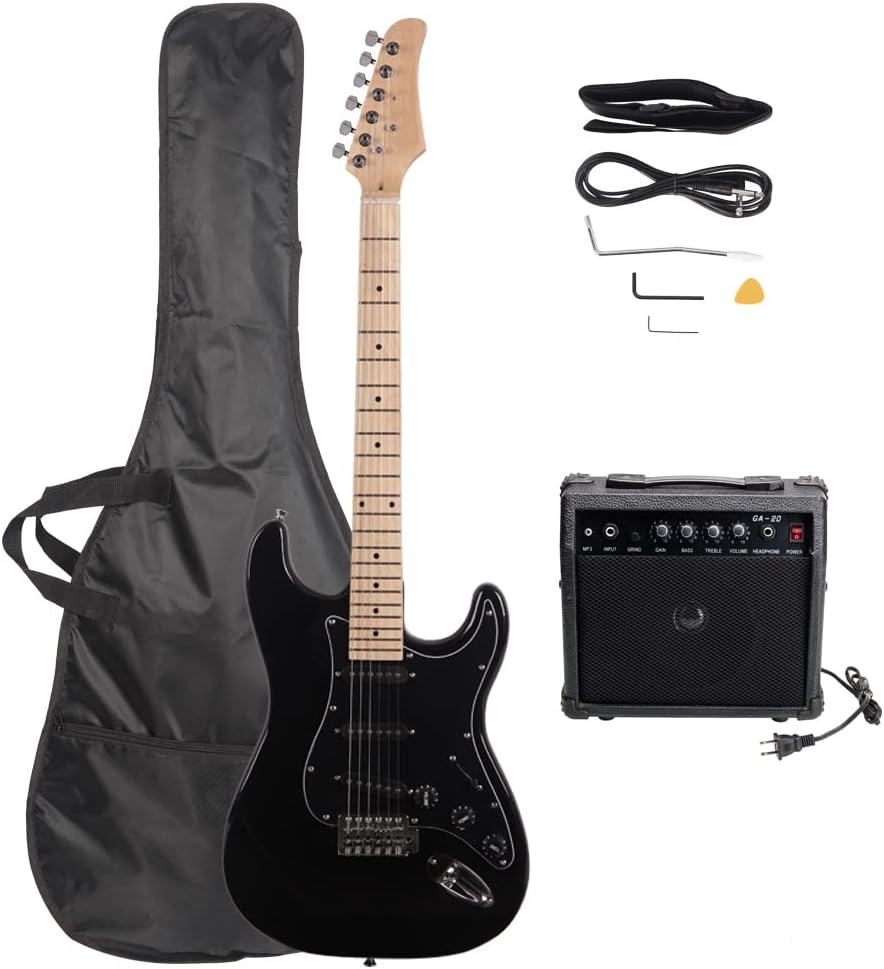 Stylish Electric Guitar Kit with Black Pickguard + Amplifier + Bag + Plectrum + Tremolo Bar + Connecting Wire (Black)