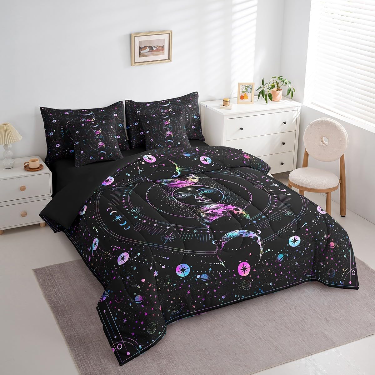 Manfei 7 Pieces Sun Moon Comforter Set Queen, Stars Space Psychedelic Bed Set for Kids Girls, Boho Sun Moon Black Bedding(1 Comforter,1 Fitted Sheet,2 Flat Sheet,2 Pillowcases,2 Throw Pillow Cover)