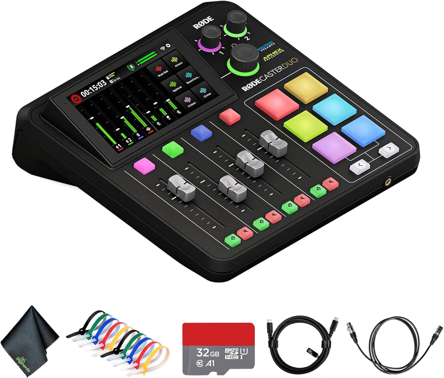 RODE RODECaster Duo Integrated Audio Production Studio | Compact Mixer with Dual USB Interface & Bluetooth | For Podcasting & Live Streaming (RCDUO) + 32GB MicroSDHC Memory Card + 10 Foot XLR + More