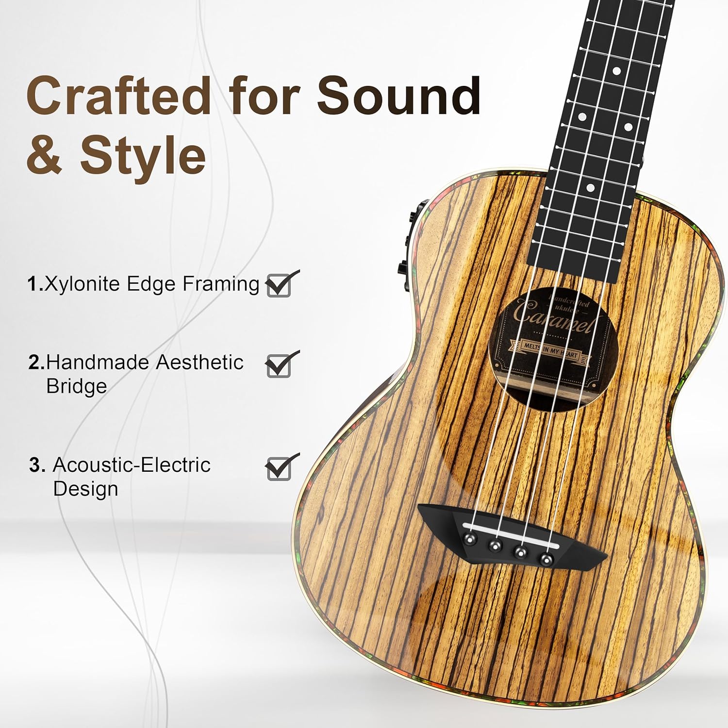 Caramel 26inch CT103 Zebrawood High Gloss Tenor Electric Ukulele Professional Ukelele Kit Beginner Guitar Starter Bundle Strings, Padded Gig Bag, Strap