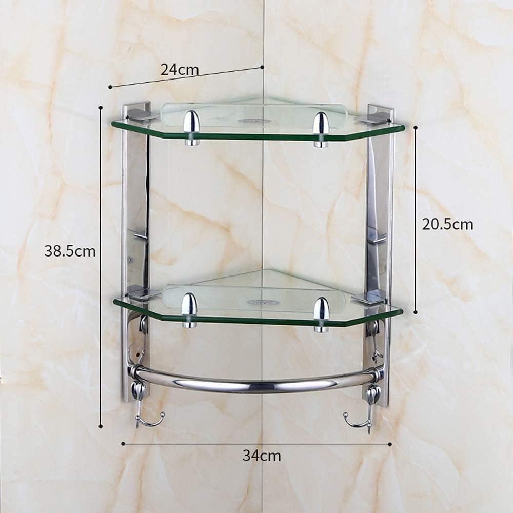 Kitchen Shelf Creative Bathroom Lavatory Double Glass Wall Mount Towel Bar Rustproof Stainless Steel Storage Corner Stand Shower Caddy 2 Tier Bath Organizer Holder with 4 Hooks