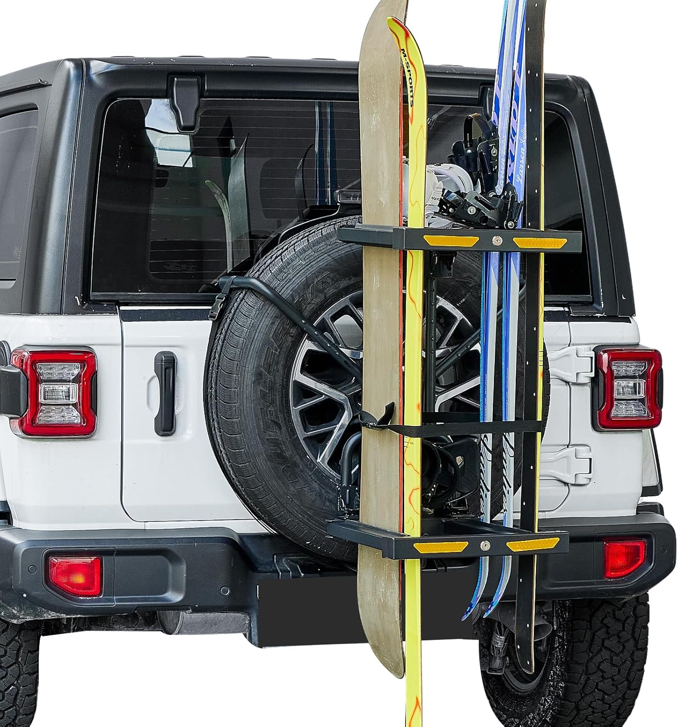 JOYTUTUS Spare Tire Ski Snowboard Rack with Security Lock Folding for Wrangler Gladiator Bronco SUV, Max Load 6 Pairs of Skis or 4 Snowboards, Fit 31.5