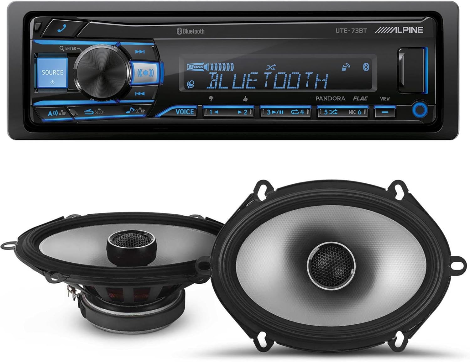 Alpine UTE-73BT Mech-Less Digital Bluetooth Media Receiver with 1 Pair Alpine S2-S68 Type S 6x8 Coax Speakers