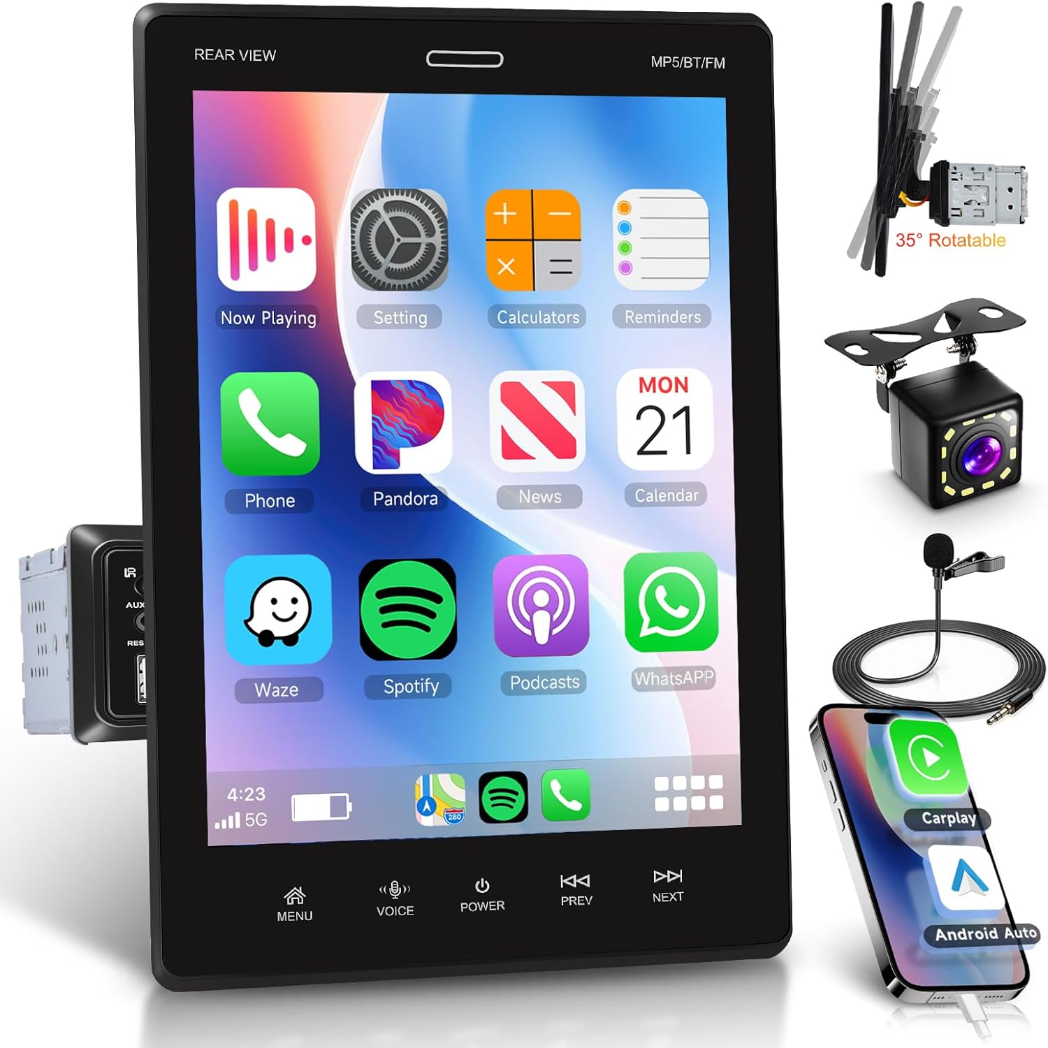 9.5inch Single Din Touchscrren Car Stereo with Carplay Android Auto,1080P IPS Detachable Touch Screen,5.0Bluetooth,12LED IP69k Backup Camera,FM Radio GPS,USB/AUX,Mirror Link,SWC