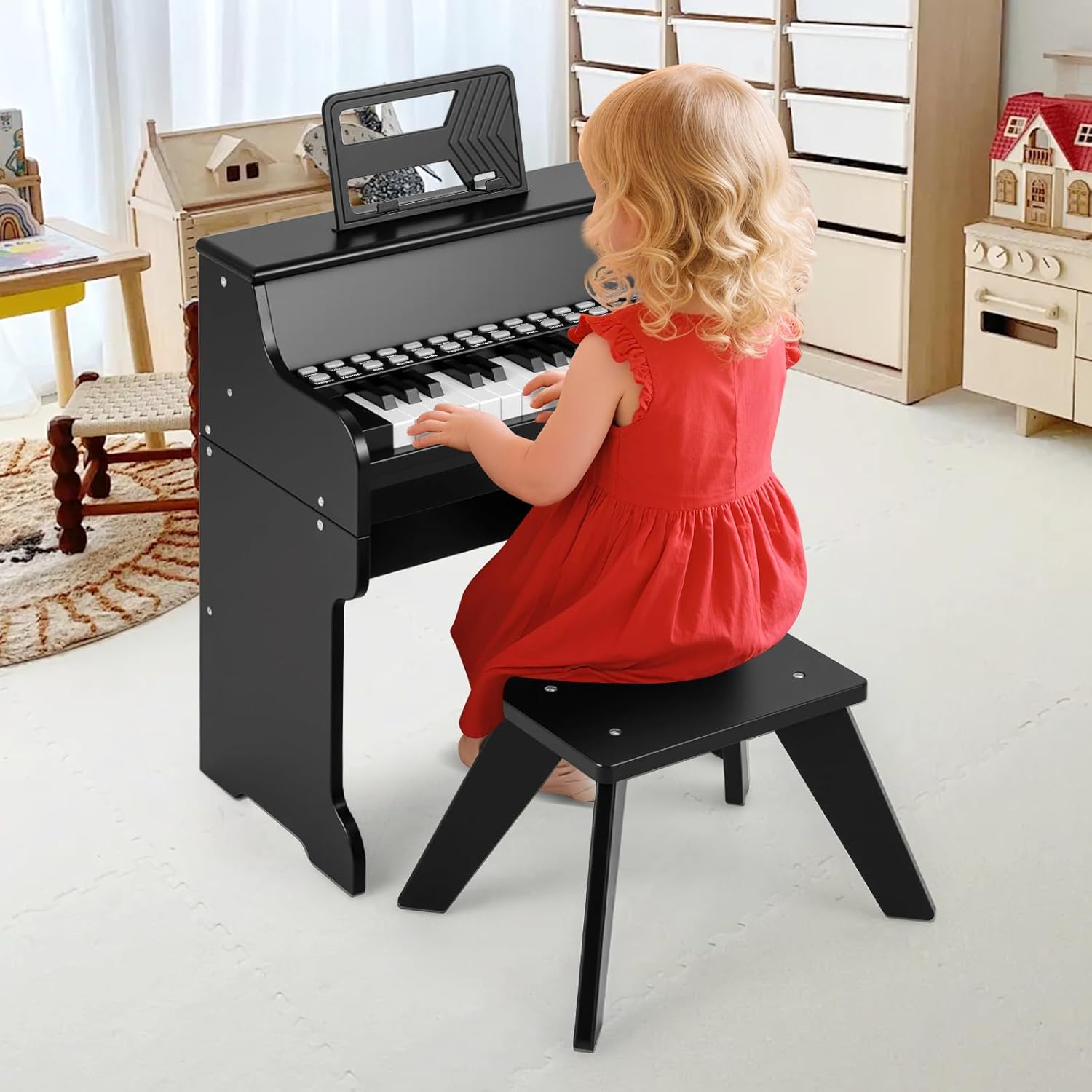 Costzon 25 Keys Kids Piano Keyboard, Mini Digital Piano Wooden Toy w/ Adjustable Speed & Volume, Teaching Mode, Removable Music Stand, Educational Music Instrument for Kids Aged 3+ (Black,with Stool)