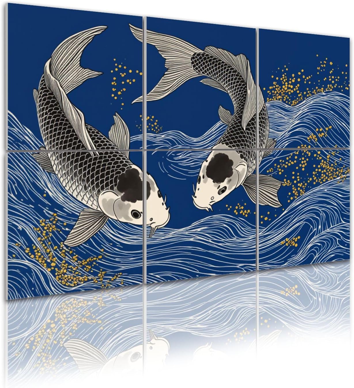 6 Pack Art Acoustic Panels Self Adhesive Fish Swimming Waves Traditional Japanese Style Artwork Decorative Soundproof Wall Panels Sound Absorbing Panel 48