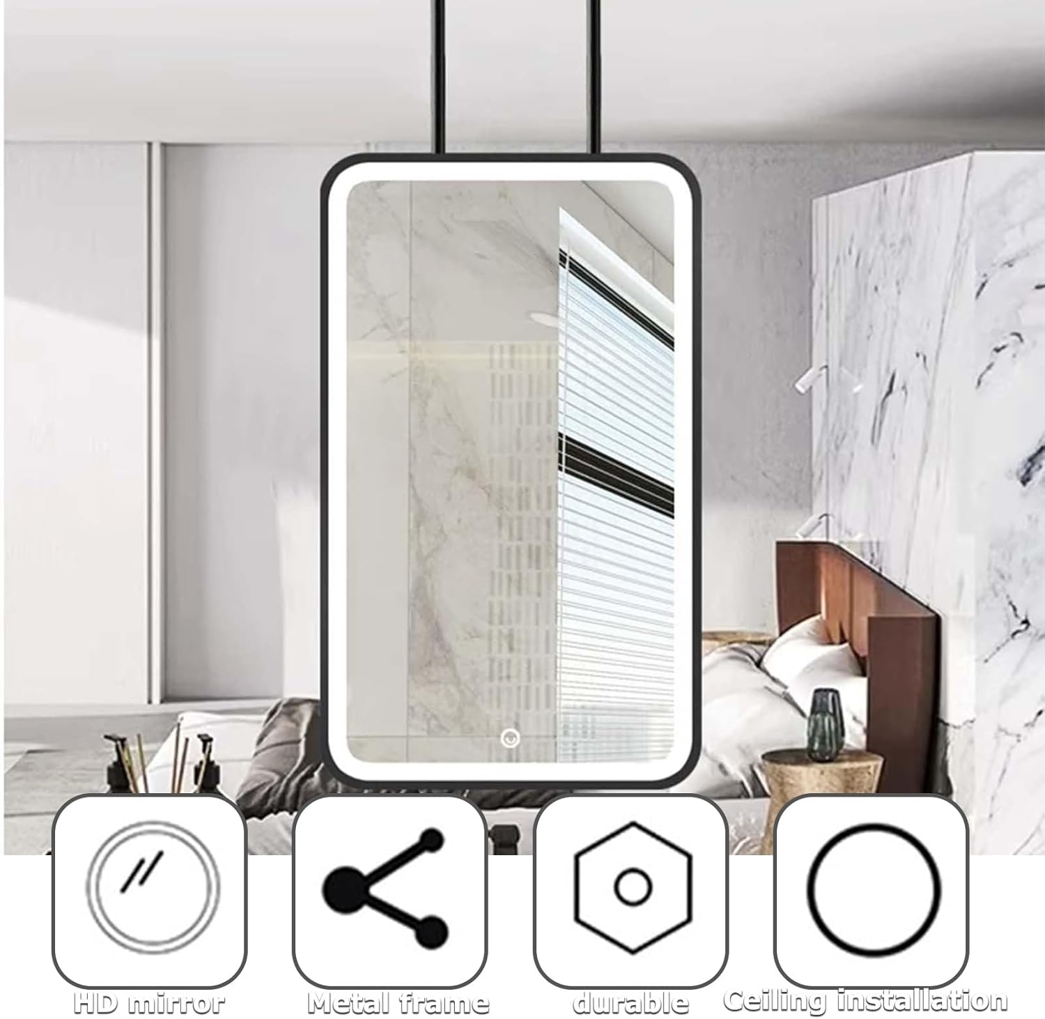 Suspend Ceiling Mirrors Square Mirror For Ceiling Hanging Rod Corner Mirror Wall Mount Ceiling Mounted Mirror Pivot For Bathroom Entryway Bathrooms Bedroom Big Metal Pole Ceiling Suspended Mirror(Gold