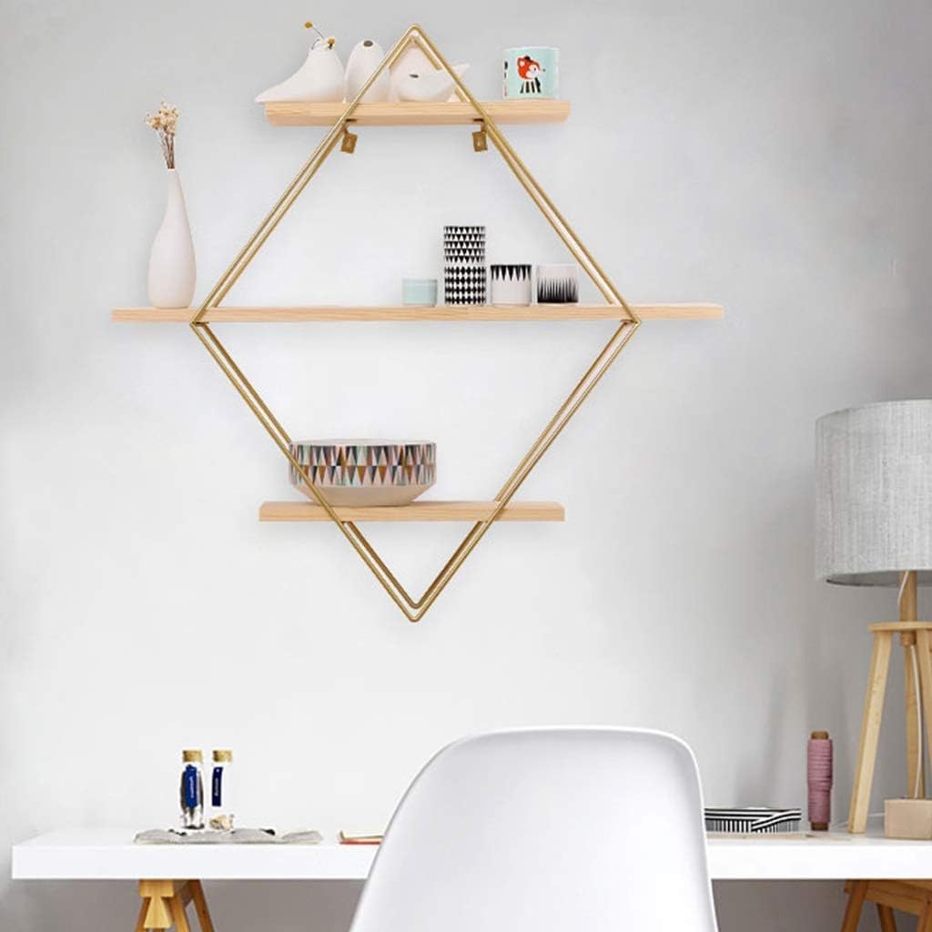 JOCHEN Wall Shelves Wrought Iron Wall Mount,Floating Shelves, 3 Tier Geotric Diamond Wall Shelves, Wood and tal Art