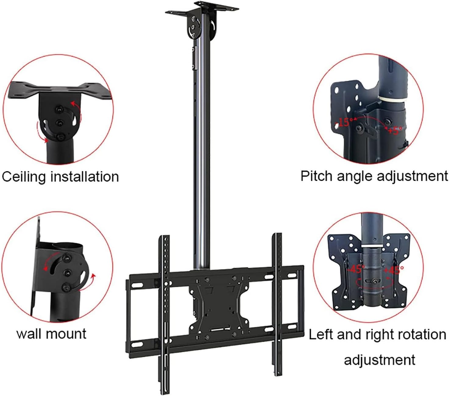 Adjustable Ceiling TV Mount Bracket - Height Adjustable Swivel Tilting Bracket, TV Wall Mount, for 32-65 Inch LCD TV and Monitors, Metal Expansion Screw Fixing,15002000mm