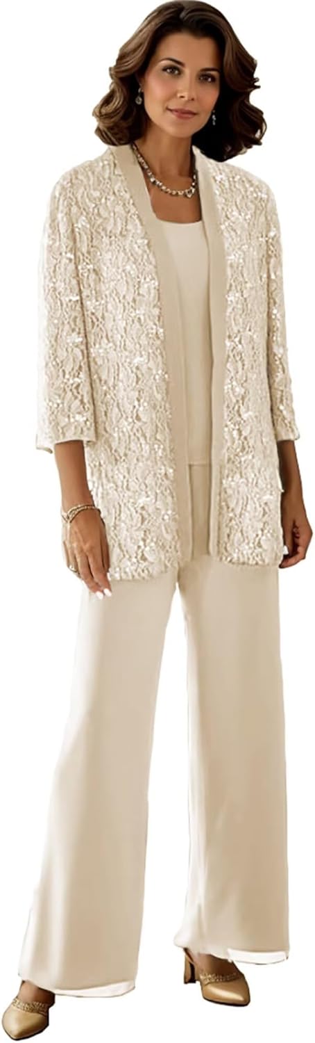 3 Pieces Mother of The Bride Pant Suits - Sparkly Sequin Lace Formal Wedding Outfits with Jacket Long Sleeve