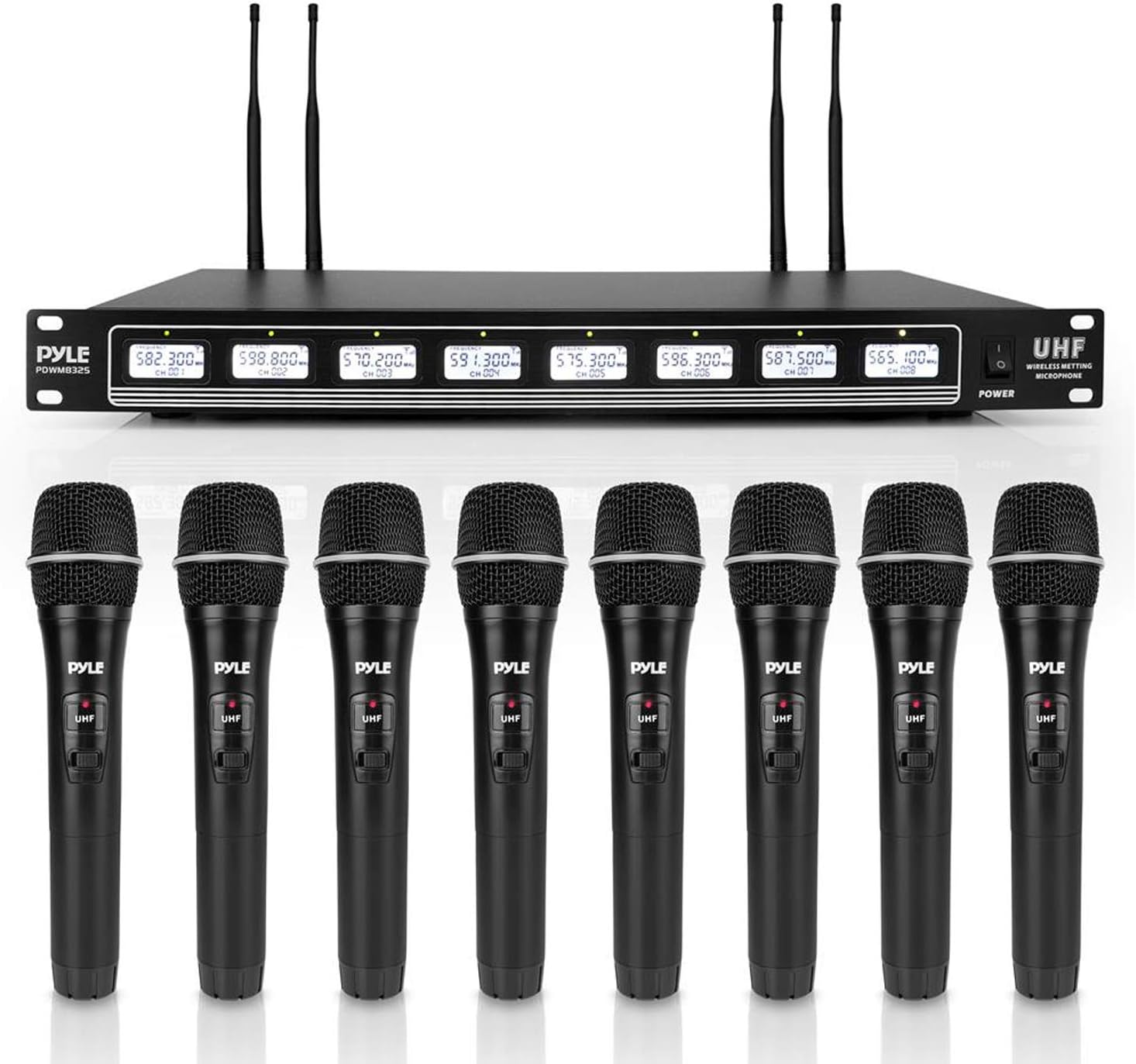 Pyle PDWM8325 8 Channel UHF Wireless Microphone & Rack Mountable Receiver Audio Sound System, Black