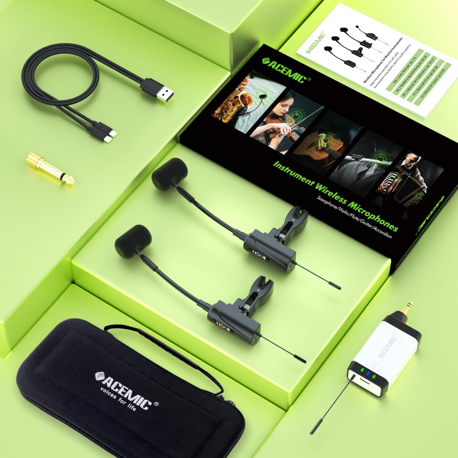 Dual UHF Saxophone Wireless Sax Microphone Instrument UHF Condenser Pick Up Clip-on Mic 1 Receiver and 2 Transmitter System for Saxophone French Horn Trumpet Trumbone,Q2/ST-5