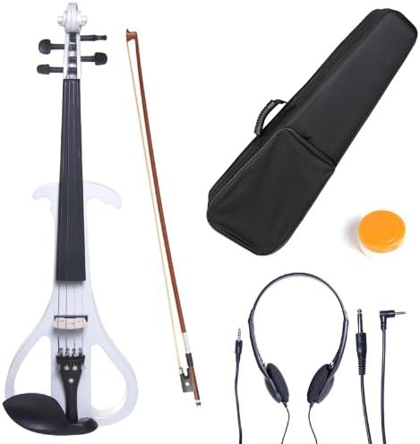Cecilio 4/4 Size Electric Silent Violin, Hand-Carved Solid Wood, Electric Violin with Ebony Fittings, Ideal for Practice, Stage & Studio Use, Pearl White