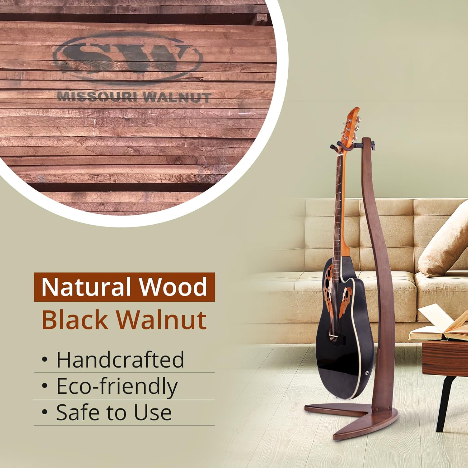 MUSO Guitar Bass Hanger Stand, Solid Wood Bow Holder Mermaid Shaped for Display and Storage, 42 inches Height Anti-scratched and Anti-bump, Deorate Studios, Living room and Stage (Black Walnut, 1)