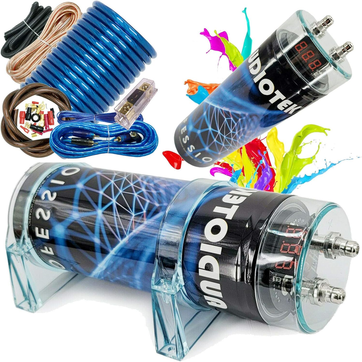 Audiotek at-5.0 Farad Capacitor Car Audio 5000 Watts Power 12V Car Digital Power and Audiotek AT-BCC4AB Installer 4 Gauge Complete Amplifier Installation Wiring Kit Blue