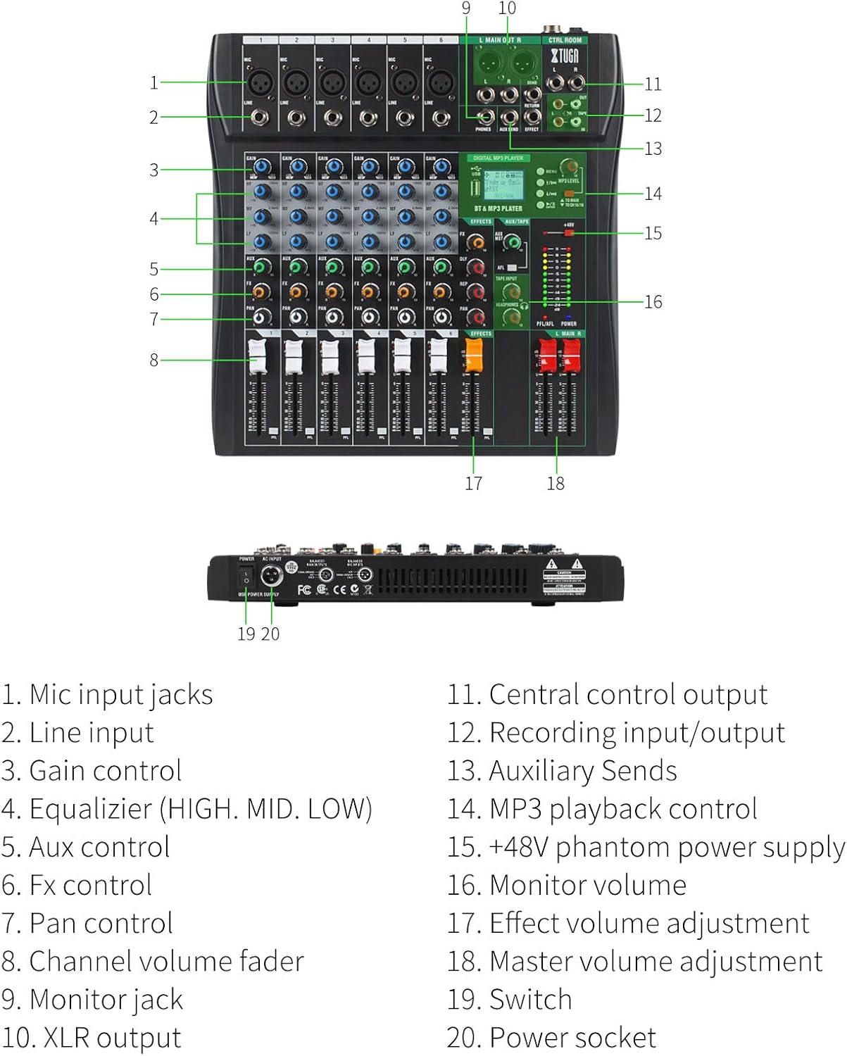 XTUGA Audio Mixer 6 Channel Sound Mixer Board, Audio Interface, Mixing Console for DJ Podcast Studio Karaoke Live Recording Equipment with 48V Phantom Digital Effect(CT60)