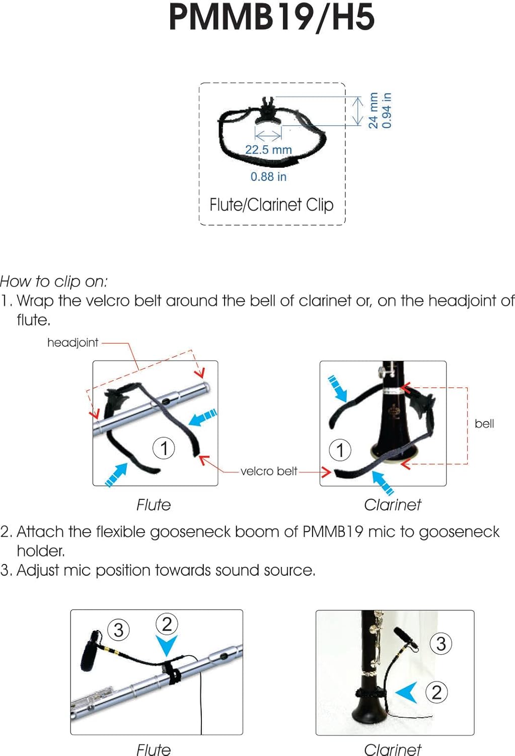 PMMB19-TA3-FLT Flute, Clarinet Musical Instrument Microphone with Flute/Clarinet Clamp & 5 Connectors