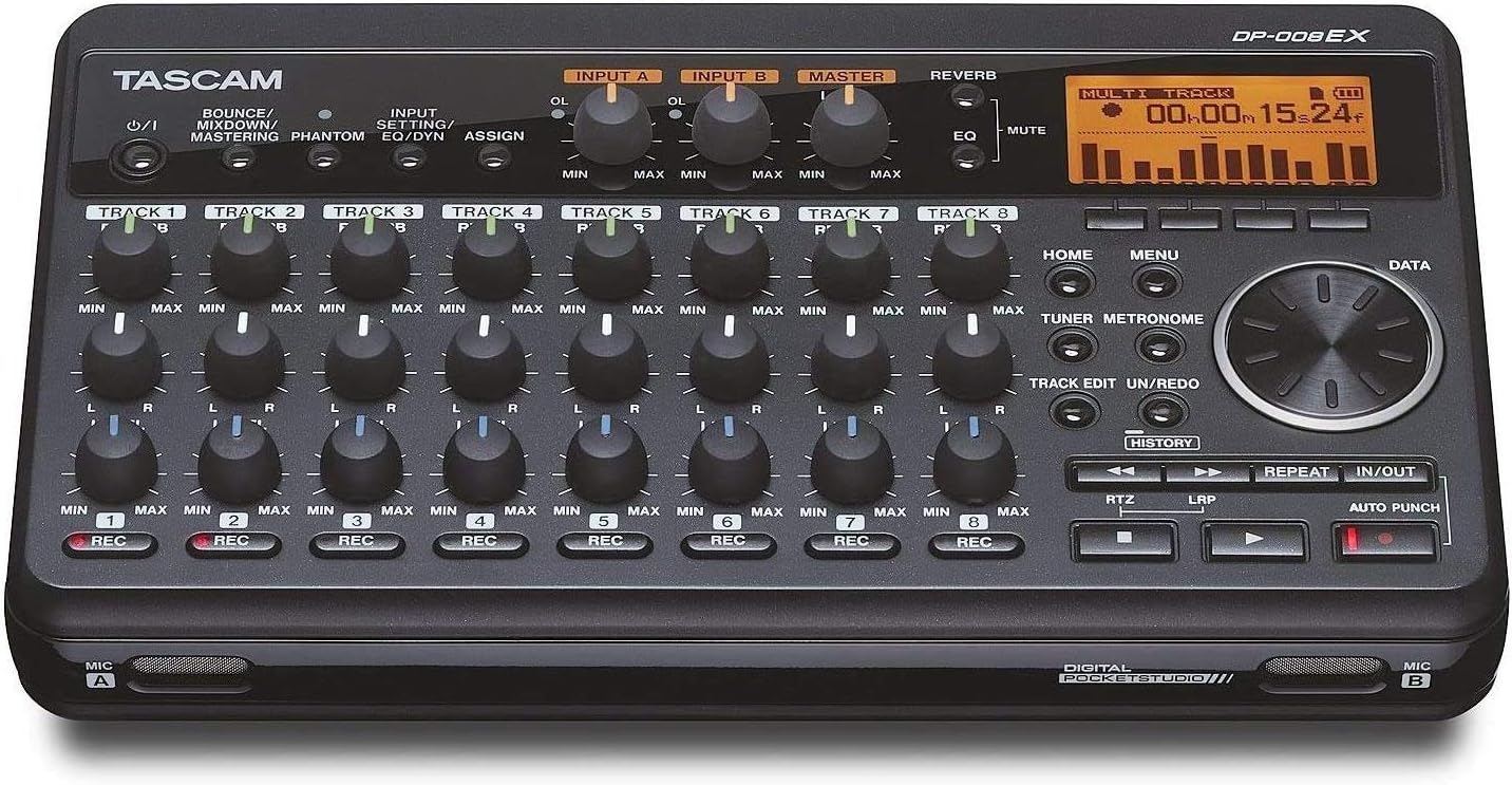 Tascam DP-008EX 8-Track Digital Pocketstudio Multi-Track Audio Recorder with Pro Headphone and Pair of EMB XLR Cables and Gravity Magnet Phone Holder Bundle