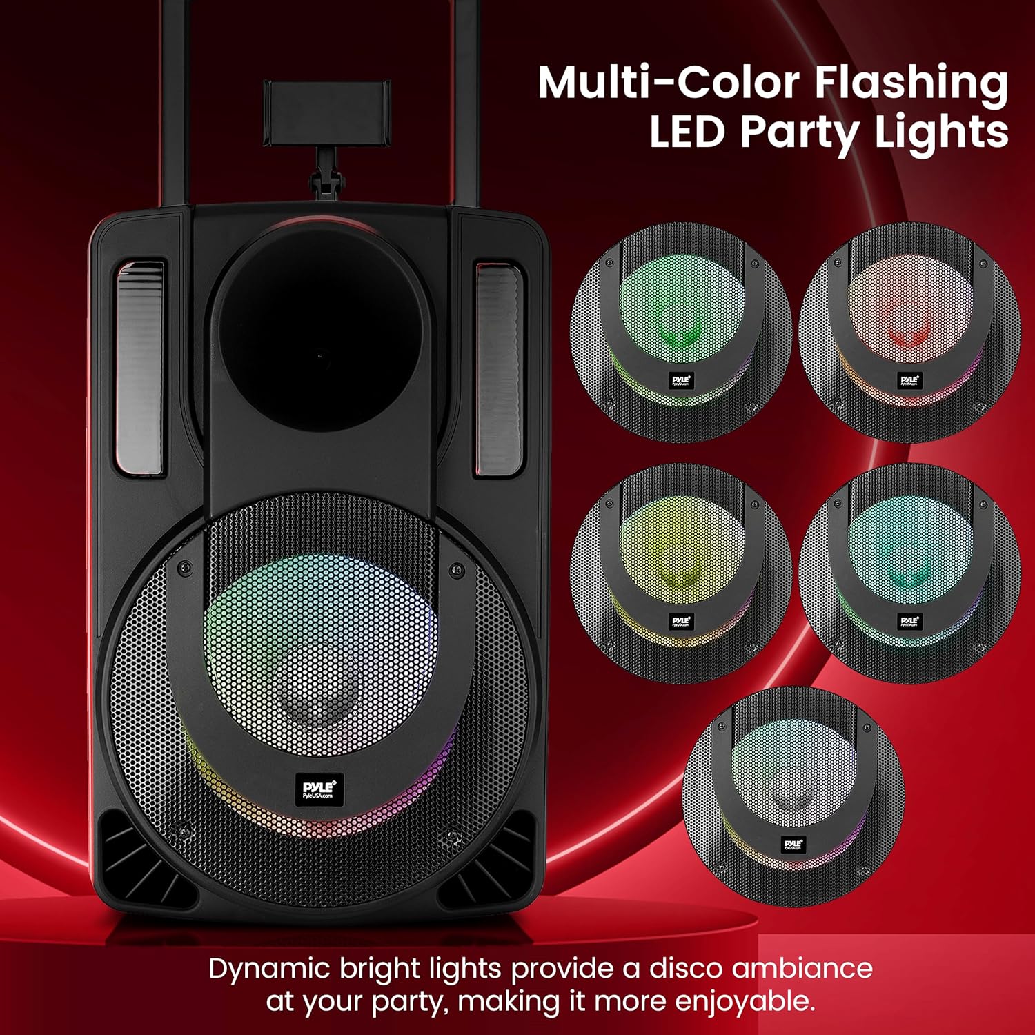 Pyle 8’’ Portable PA Speaker System - 280 Watts PA & Karaoke Speaker with Two Wireless & 1 Wired Microphone, Wireless Bluetooth Streaming, Flashing Party Lights, MP3/USB/FM Radio