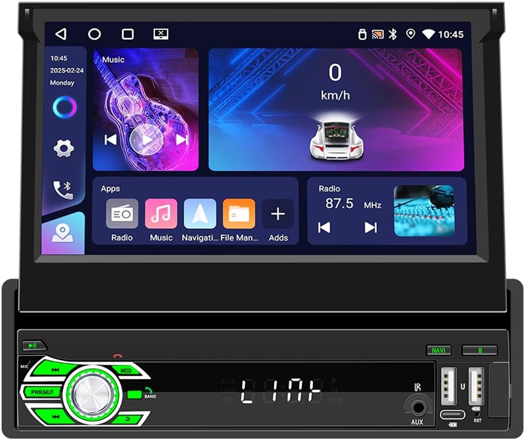 Car Navigation Head Unit 7-Inch Capacitive Retractable Screen Player WiFi Bluetooth 5.1 Built-in with Carplay and Android Auto Car Stereo Radio for Automobile 4GB+64GB Memory