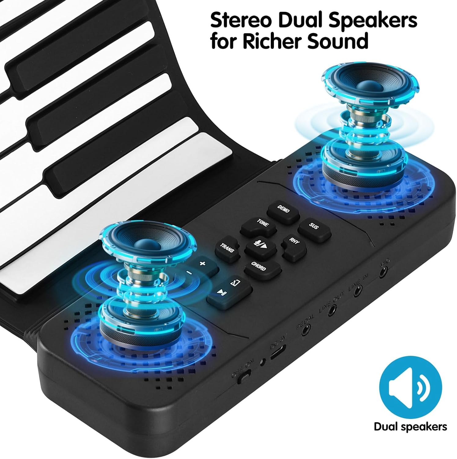 Roll Up Piano, Portable Silicone Keyboard Perfect for Beginners, Safe Material, Headphone Jack for Quiet Practice, 16 Tones & Record Function, Foldable for Travel (Black) (Black-88Keys)