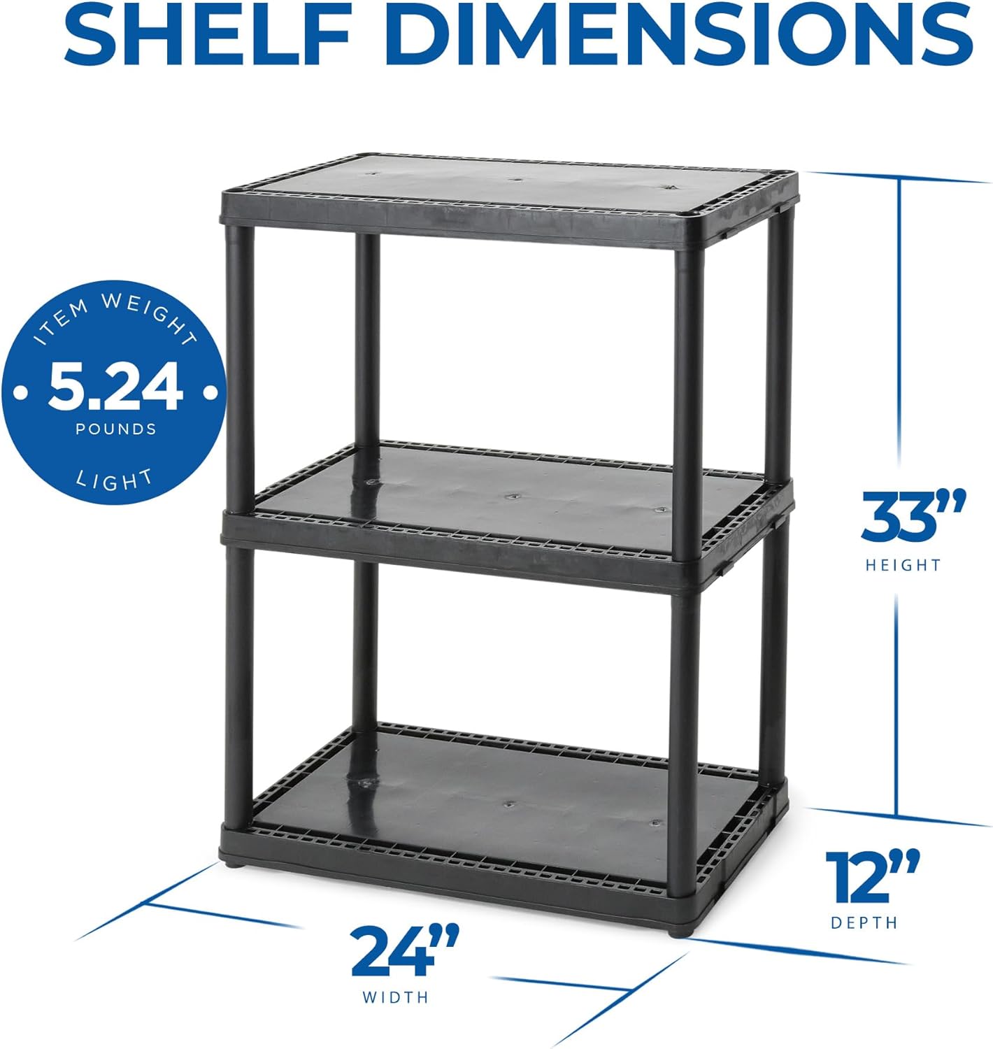 Gracious Living 3 Shelf Fixed Height Light Duty Storage Unit 12 x 24 x 33 Organizer System for Home, Garage, Basement, & Laundry, Black (2 Pack)