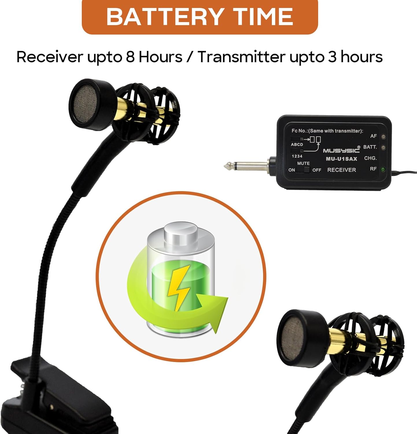 MUSYSIC Wireless Saxophone Microphone Receiver & Transmitter System, Trumpet Microphone Wireless for Wind Instruments, 16-Channel UHF, Up to 75m Range