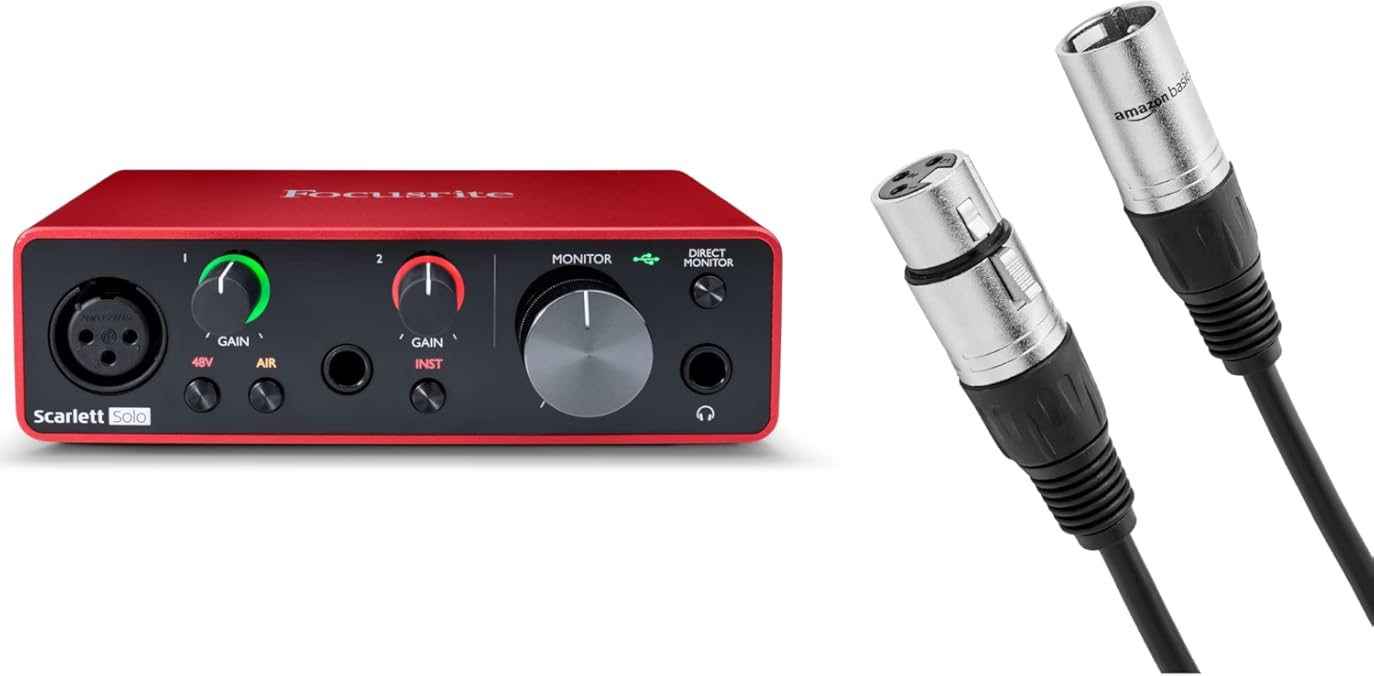 Focusrite Scarlett Solo (3rd Gen) USB Audio Interface with Pro Tools | First & Amazon Basics XLR Male to Female Microphone Cable - 10 Feet, Black