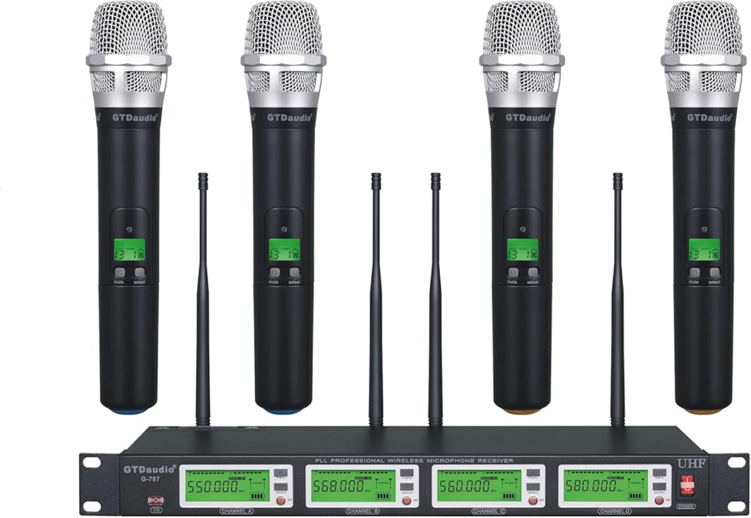 GTDaudio 4x800 Adjustable Channels UHF Diversity Wireless Cordless Handheld Microphone Mic System Ideal for Church, Karaoke, Dj Party, Range 450ft (4 Handheld Mics)