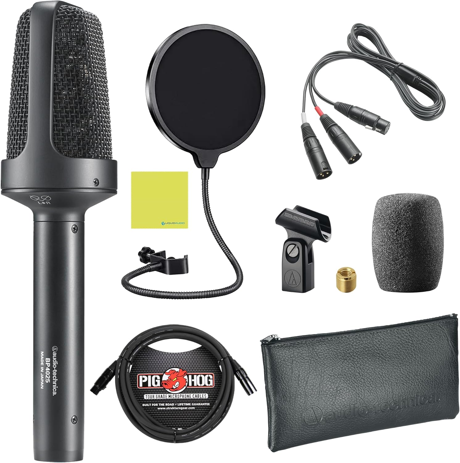 Audio Technica BP4025 X/Y Stereo Field Recording Microphone Bundle w/Pig Hog PHM10 8mm XLR Mic Cable, Pop Filter Polishing Cloth