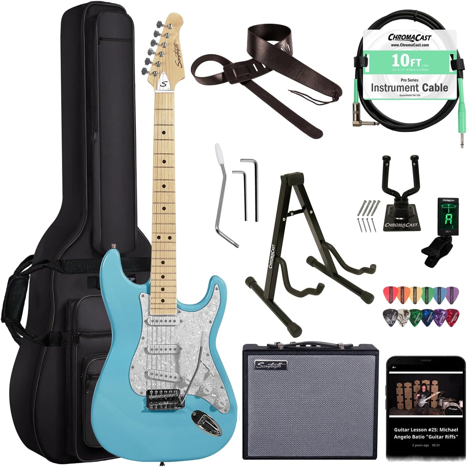 Sawtooth Daphne Blue ES Series Electric Guitar w/White Pearloid Pickguard - Includes: Accessories, Amp & Gig Bag