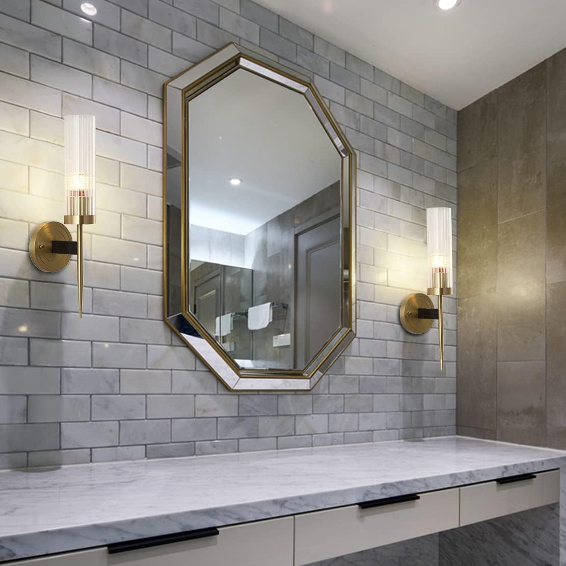 BOKT Mid-Century Modern Gold Wall Light Cylinder Glass Wall Sconce Anti Brushed Brass Long Wall Sconce Light Vintage Bathroom Globe Wall Mount Light Bar Wall Lamp