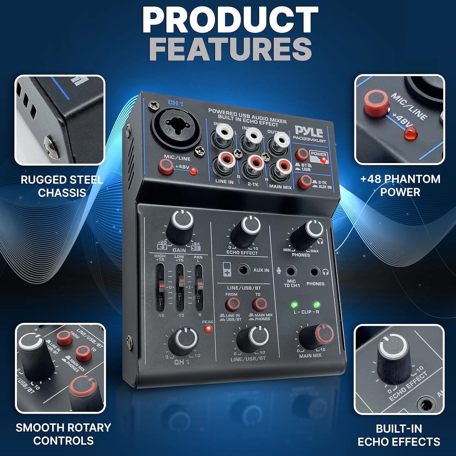 Pyle Professional Wireless DJ Audio Mixer- 3-Channel Bluetooth DJ Controller Sound Mixer w/USB Audio Interface, Combo Jack XLR+6.35mm Mic/Line/Guitar In, 3.5mm, RCA, AUX, Headphone Jack- PAD33MXUBT.5