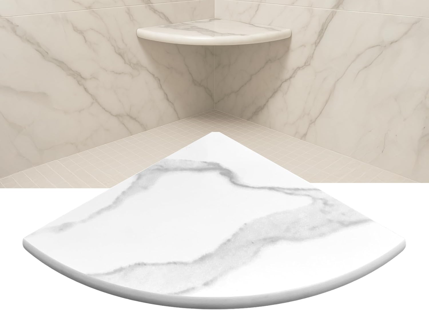 18 Inch Calacatta Engineered Marble Corner Shower Shelf Bathroom Caddy, Wall Mounted Shower Shelf, Classic Flatback Design