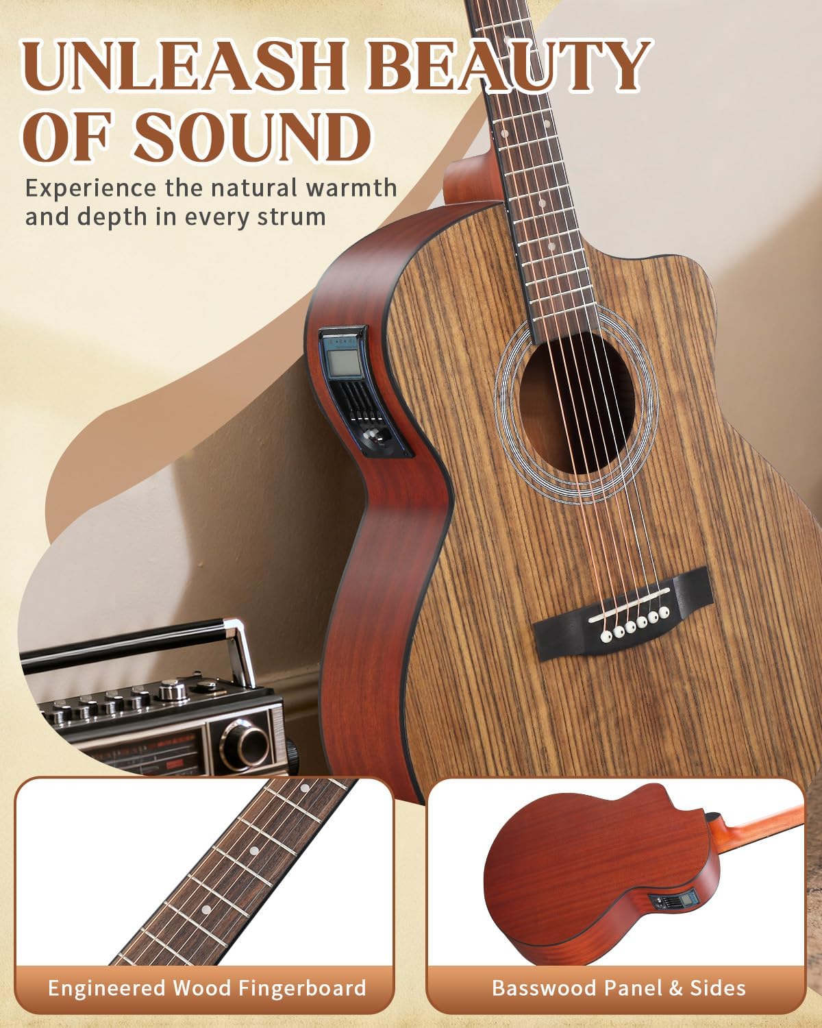 Ktaxon 41 Inch Cutaway Acoustic Electric Guitar, Full Size Walnut Wood Body Beginner Guitars Kit with 15W Amp, Extra Strings & Capo Includes All Accessories (Brown)