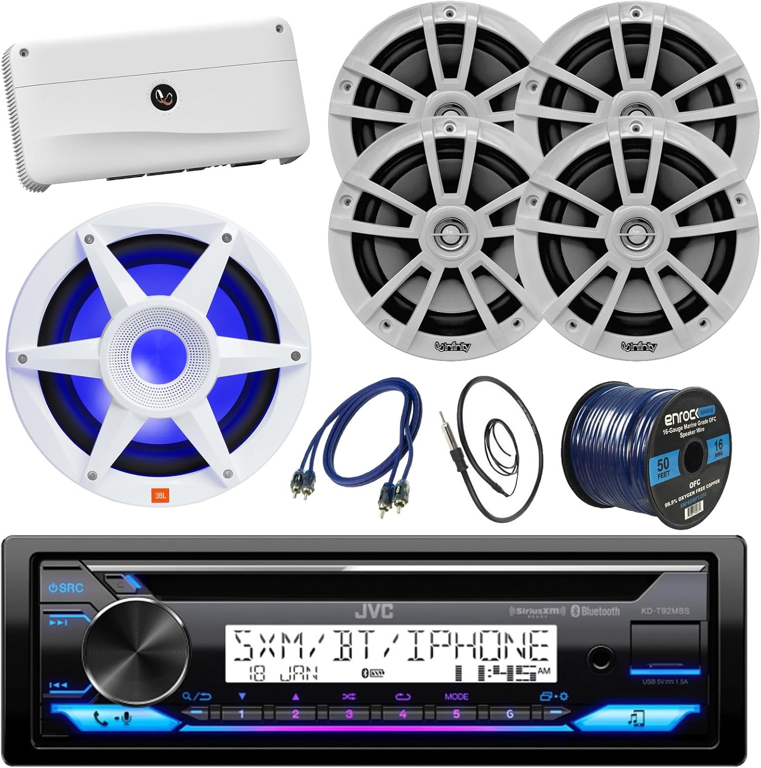 BOAT SOUND SYSTEM PACKAGE: JVC Single DIN Marine Bluetooth CD Receiver Bundle Combo with 5-Channel Amplifier, 4x 6.5