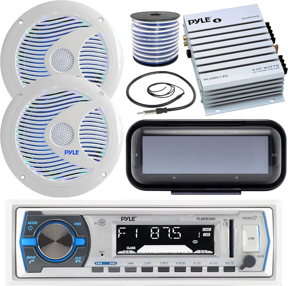 Pyle In-Dash Marine AM/FM USB AUX Headunit Receiver Bundle Combo with 2x 6.5'' Full-Range 150W White Speakers w/ Color Changing LED Lights, 2-Channel Amplifier, Radio Shield, Speaker Wire, Antenna