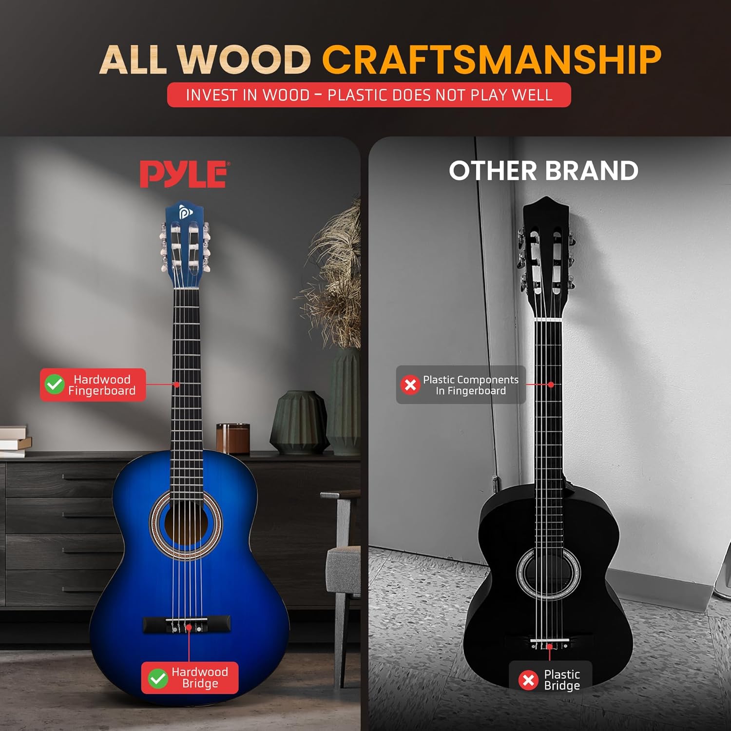 Pyle Beginner Acoustic Guitar Kit, 3/4 Junior Size All Wood Instrument for Kids, Adults, 36