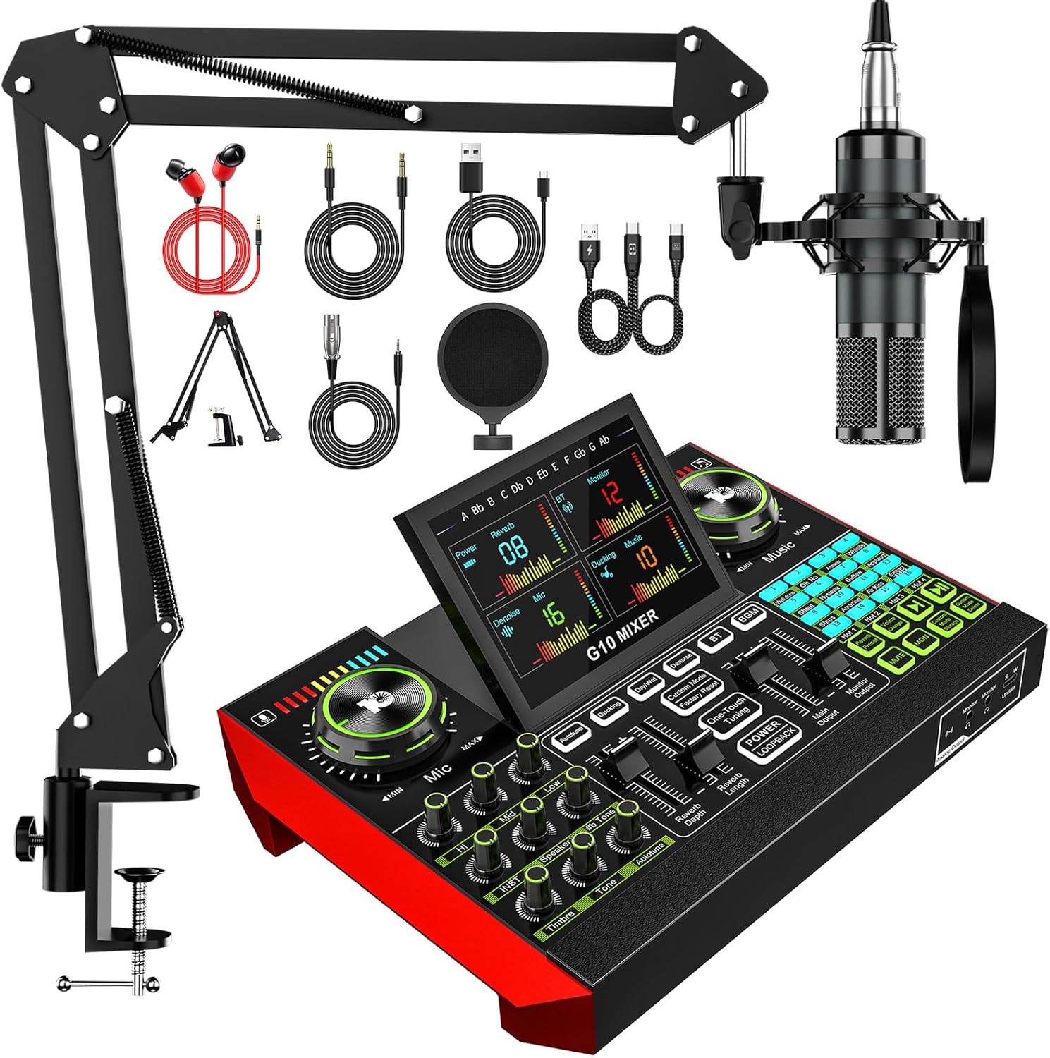 G10 Audio mixer Podcast Equipment Bundle, Audio Interface with Cardioid Designer P15 Mic for Gamer and All-in-One DJ Mixer, Perfect for Live Streaming, Singing, YouTube, Gaming