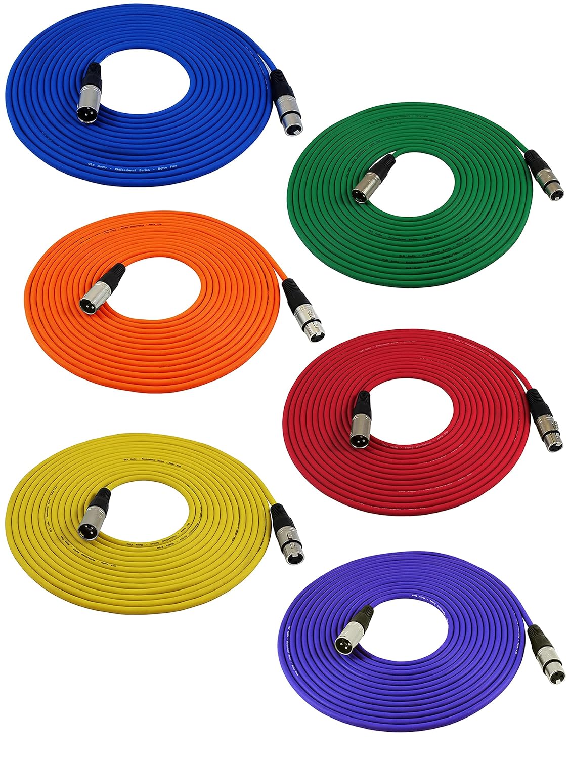GLS Audio 25 Ft Mic Cable Cords - XLR Male to XLR Female Colored Cables - 25' Balanced Mike Cord - Pack of 6