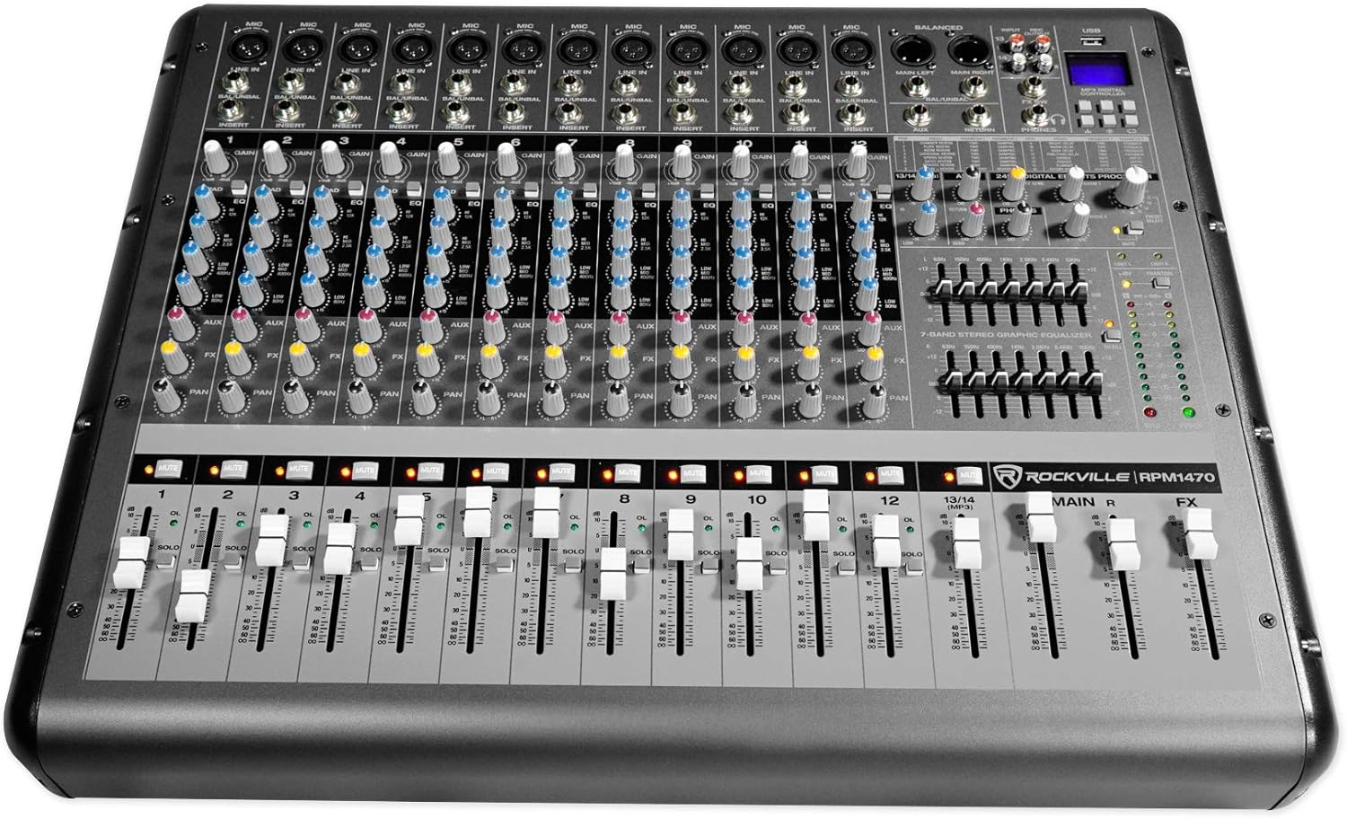 Rockville RPM1470 6000W Peak 14-Channel Powered Mixer, 750W RMS x 2 at 4 Ohm, USB/Bluetooth, 24-Bit Effects, 14 XDR2 Mic Preamps, for Live Events/Church Bands